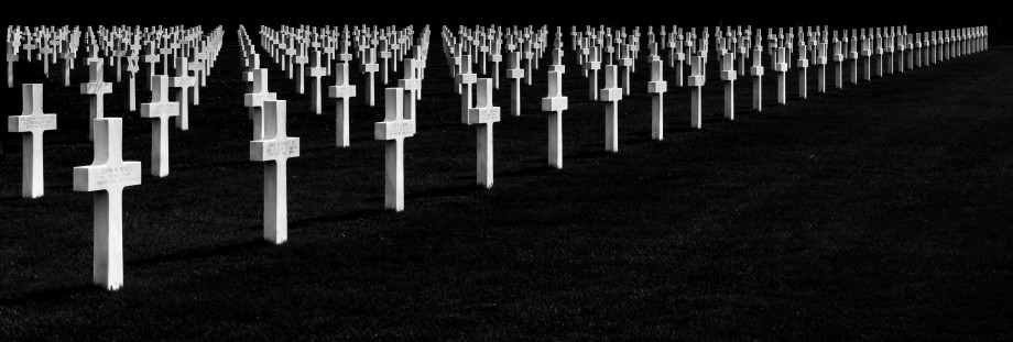 black and white pano of a world war two graveyard